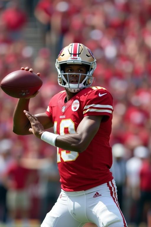 Quarterback throwing a football in a game. Wears red sports jersey with gold accents. Background filled with sports fans.