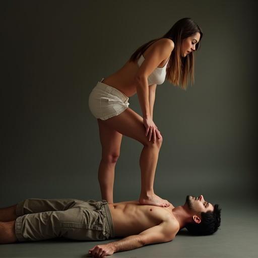 A woman stands on a man lying on the floor. She has bare feet on his chest. Soft lighting creates an intimate atmosphere.