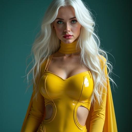 Full body view of a woman in a superhero costume. The woman has captivating green eyes and a confident expression. She is in a sleek yellow costume that emphasizes her physique. Flowing white hair enhances her mystique. The composition highlights elegance and strength together.