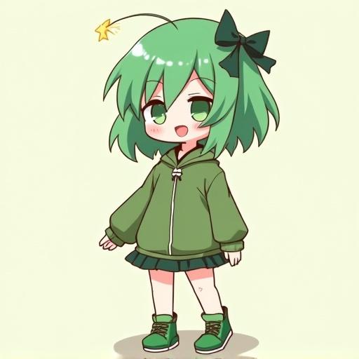 Anime girl with green hair and cute features standing in t-pose. She wears a green hoodie, skirt, and shoes. Simple background in light color.