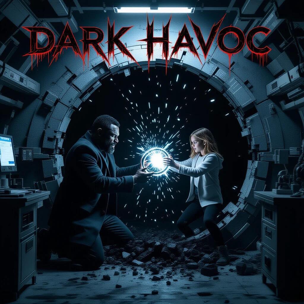 Idris Elba and Millie Bobby Brown in an underground lab facing a glowing orb. Portal ring is broken. Surroundings are chaotic with black mist. Lighting is dramatic with white-blue flashes. Tone is thrill and mystery.