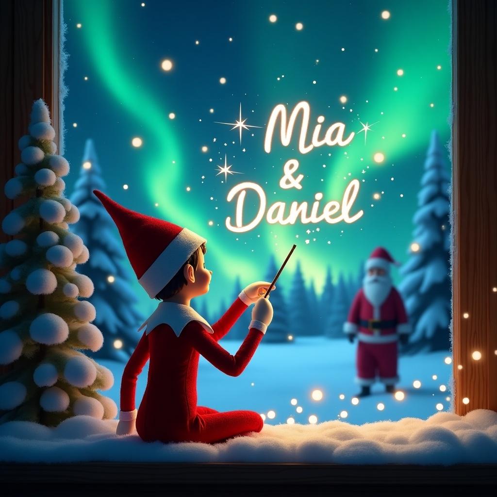 Elf on the shelf facing winter night sky. Classic red outfit. Wand writing names in stars. Magical northern lights background. Snow-covered trees. Silhouette of Santa in distance. Celebrating Christmas joy.