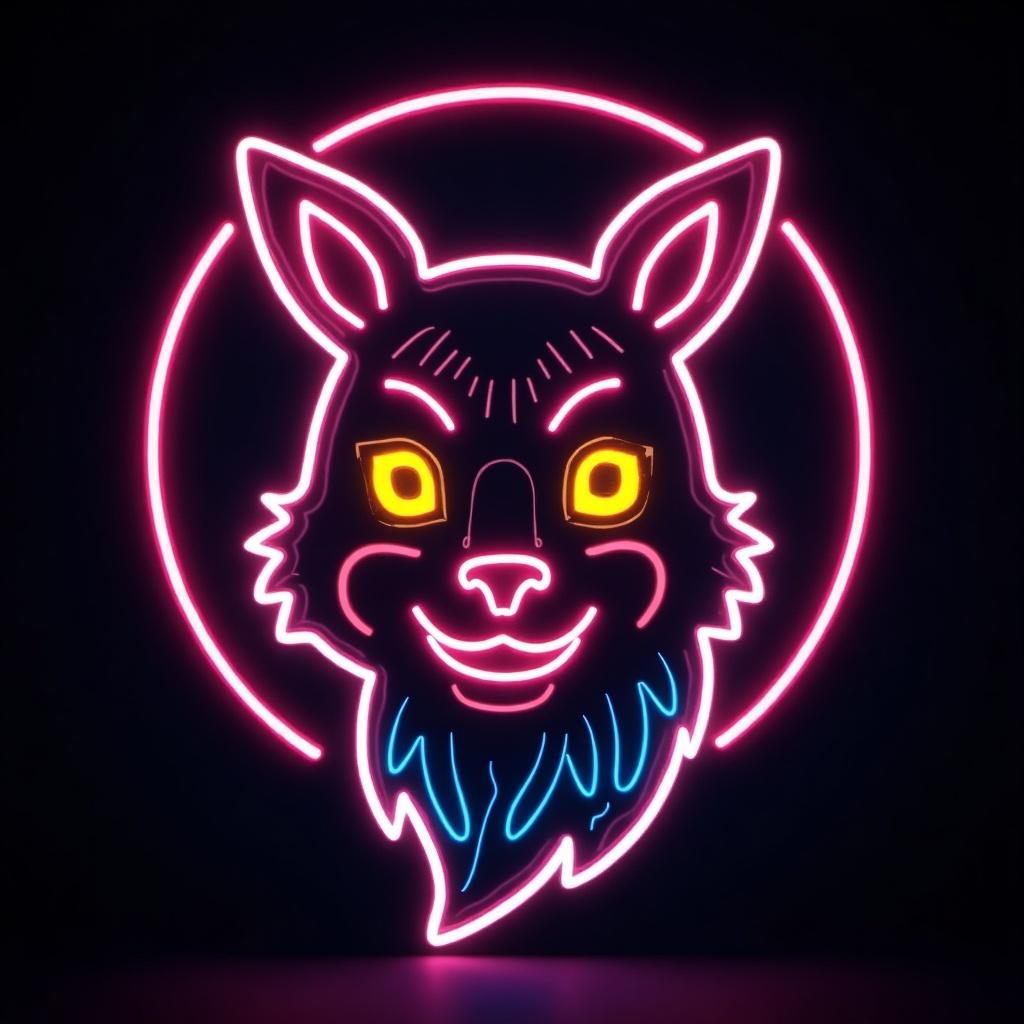 This image features a Miq'ote character head represented in a vibrant neon sign style. The character has large, expressive ears and glowing yellow eyes, creating a striking appearance. The neon lines are bright pink, with accents of blue, illuminating the dark background. This design blends fantasy and modern art aesthetics, perfect for game fans and decor enthusiasts. It showcases a playful, cartoonish interpretation of the Miq'ote theme, emphasizing its captivating features.