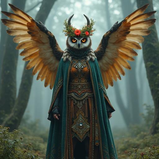 Character design of an owl druid priestess wearing Slavic robes in a misty enchanted forest. Owl wings instead of arms. Layered embroidered garments with beads and talismans. Floral wreath, glowing eyes, intricate patterns. Full-length shot in a painterly style with expressive brushwork and stylized depth of field. Cinematic composition with dramatic posture.