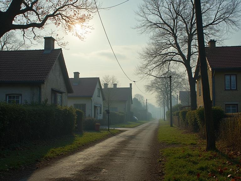 Streets lined with houses and trees create a peaceful scene. Morning fog envelops the area. Soft light illuminates the path. A serene atmosphere prevails.