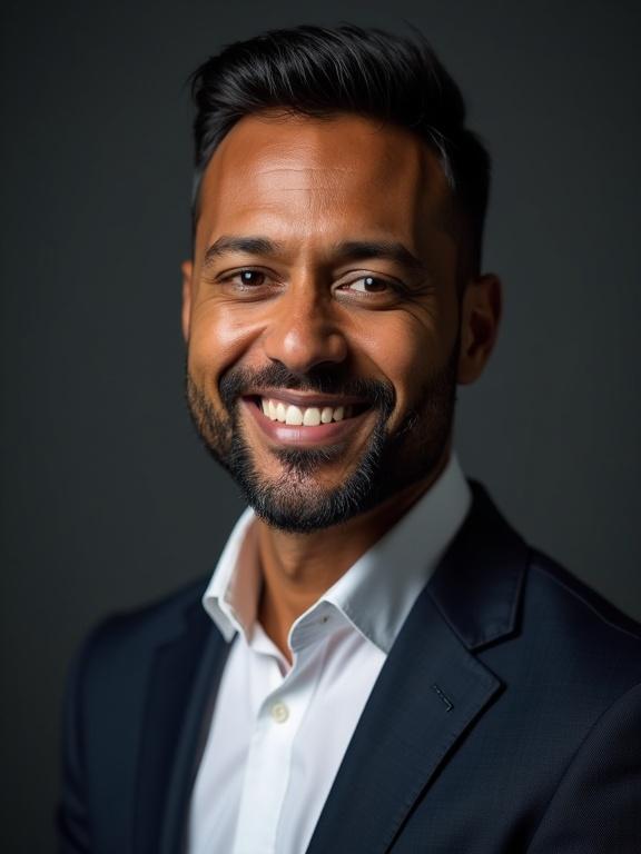 Photo-realistic portrait of an African-American male. Age is around 38. He has a confident demeanor with a slight smile. Clean-shaven or with very light stubble. Neat short hair. Wearing a dark tailored blazer over a crisp white shirt. Optional subtle lapel microphone. Studio three-point lighting creates a balanced mid-shot. Background is a simple dark gray. Realistic skin texture and natural color grading. High resolution image.