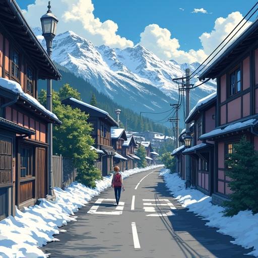 anime-style illustration of a street in Idrija. Features a person walking, snow-covered landscape, traditional architecture, and mountains in the background.