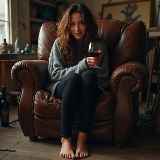 Candid shot of a 45-year-old artist sitting in a large leather armchair. She has fair skin and large hazel eyes. Hair is waist-length, thick, and wavy. Wearing a charcoal grey cashmere sweater and black leggings. Holding a clear wine glass with Cabernet Sauvignon. Warm dim light in a cluttered living room with art supplies.