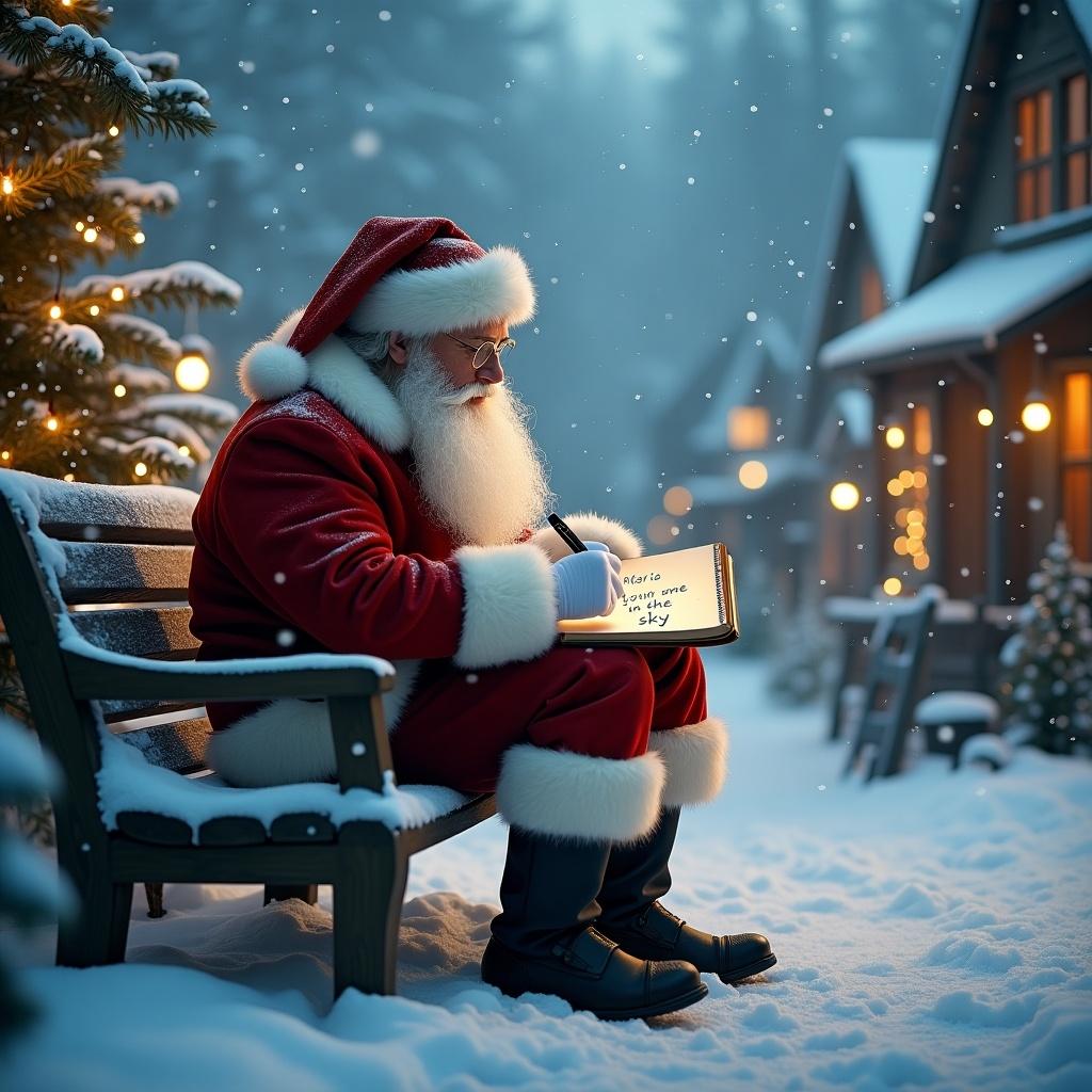 In a tranquil, snowy village under a cool blue sky, Santa Claus is seated on a wooden bench. Dressed in his classic red suit, he pens a note with a gentle focus. Snowflakes drift softly from above, adding to the magical atmosphere. The village is lit with warm, glowing lights from quaint homes scattered in the background. It’s a perfect winter evening as Santa dedicates a moment to write ‘Maria in the sky’ in his notebook.