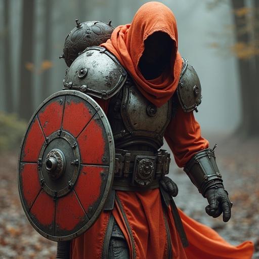 Hooded character wearing a red and orange cloak with silver armor. The figure holds a large, ornate shield. The background is a foggy forest.