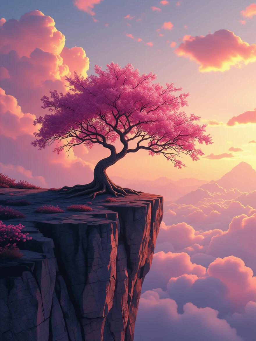 A pink tree stands on top of a rocky cliff under crimson clouds. The scene conveys a dreamy quality. Full of colors and details that inspire. Ideal for wallpapers and artistic displays.