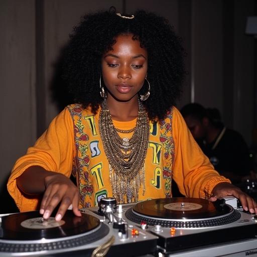 Female DJ from Nigeria energetically mixing music on turntables at a DJ competition. She wears a vibrant outfit with bold patterns. Focus on her hands performing rapid turntable tricks. Event takes place at the 1992 Ortofon World DJ Mixing Championships eliminations.
