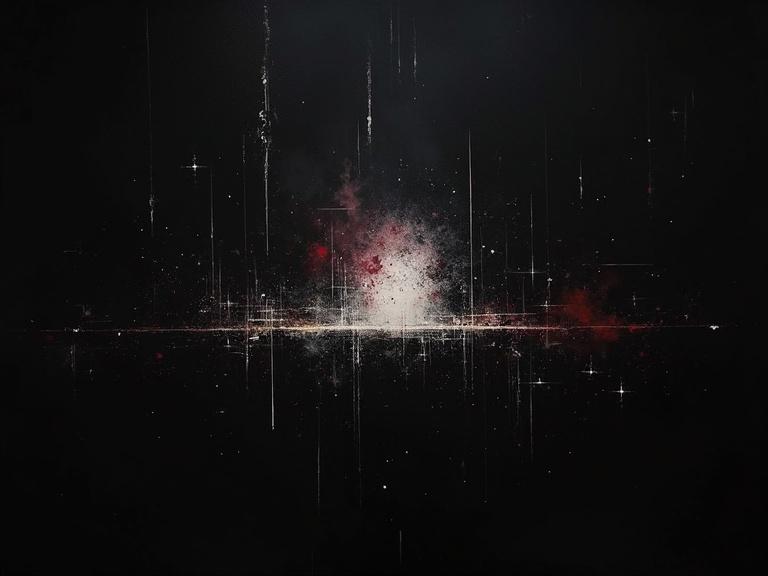 Digital oil painting features a dark background with harsh strokes. It includes absurdist and unfinished elements. Shows flat colors, unique silhouette design, and minimalist style with formless color voids. Shadows mix with futurist white noise.