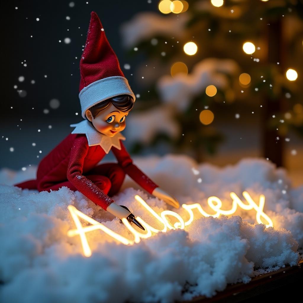 Elf on the shelf in a snowy scene writing the name 'Aubrey' in lights. Soft snowfall adds to the ambiance. Cozy holiday feeling.