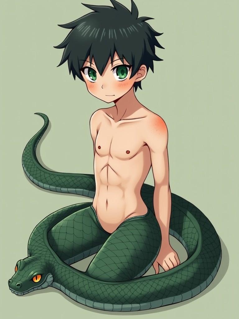 Anime-style character has short black hair. Character has green eyes and freckles. Character has pale skin. Character has a snake body from the waist down with dark green scales. Character is male and not wearing a shirt.