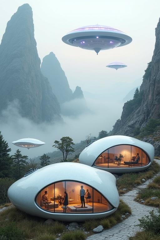 A breathtaking panorama features unusual settlement with several domed buildings made of light-colored materials and large panoramic windows. Organic architecture blends into rugged landscape. Interiors show sleek furniture and silhouettes of people. Settlement is among towering mountains with jagged peaks and sparse vegetation. Fog adds a sense of isolation and serenity. Futuristic disc-shaped flying machines hover in the sky.