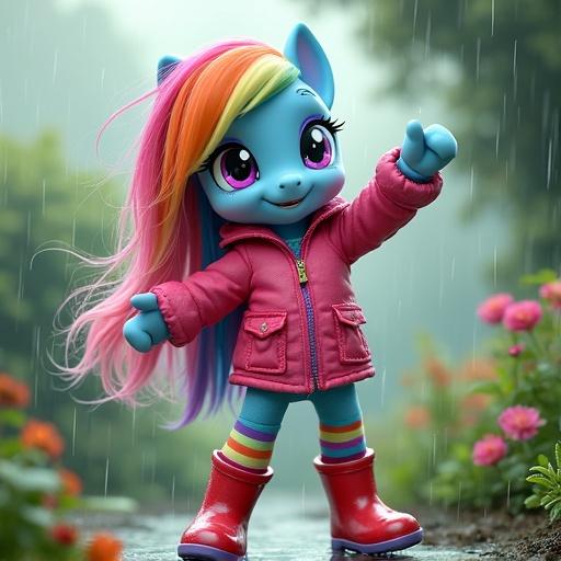 Rainbow Dash doll stands in a garden during rain. Doll has long rainbow-colored hair. She wears a rainbow-striped waterproof jacket. Rainbow-striped waterproof pants are visible. Red-soled wellies complete her outfit. She is dancing joyfully in the rain.