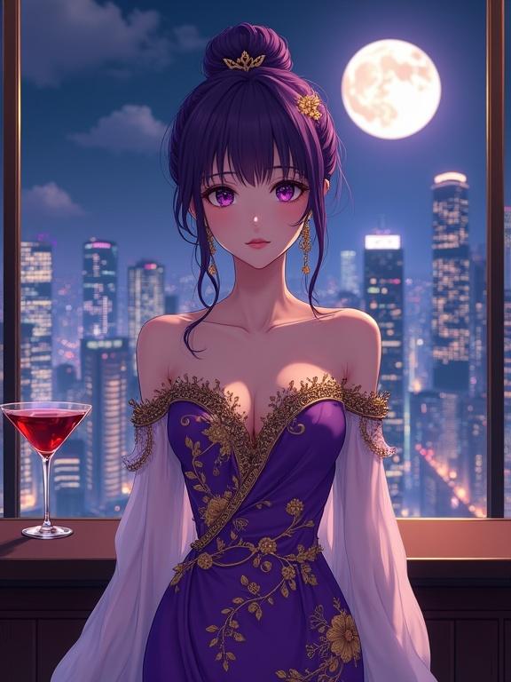 Breathtaking woman stands in upscale lounge. She faces forward in front of a floor-to-ceiling window. Rich violet hair styled in intricate updo. Luxurious off-shoulder gown features golden floral embroidery. White sheer sleeves add elegance. Cocktail on bar counter adds accent. Night-city skyline glows through glass. Full moon peeks between skyscrapers. Semi-anime aesthetic with highly detailed rendering. Cinematic lighting enhances romantic mood. Composition emphasizes elegance and modern sophistication.