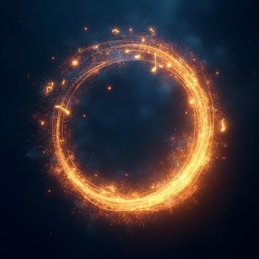 Create an abstract circular logo that represents a music band. Feature a swirling nebula of golden light with a dark blue background. Integrate glowing bokeh particles in the shape of music notes into the design. Aim for an ethereal and dynamic style, while keeping the design minimalist and modern.