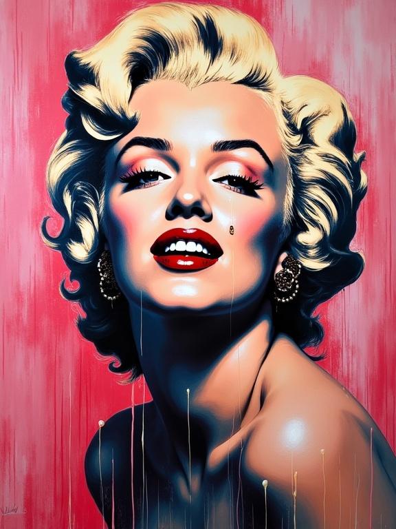 A painting inspired by Marilyn Monroe with a focus on color drips. Featuring bright red and pink tones with striking blue and cream accents. A modern masterpiece reflecting beauty and elegance.