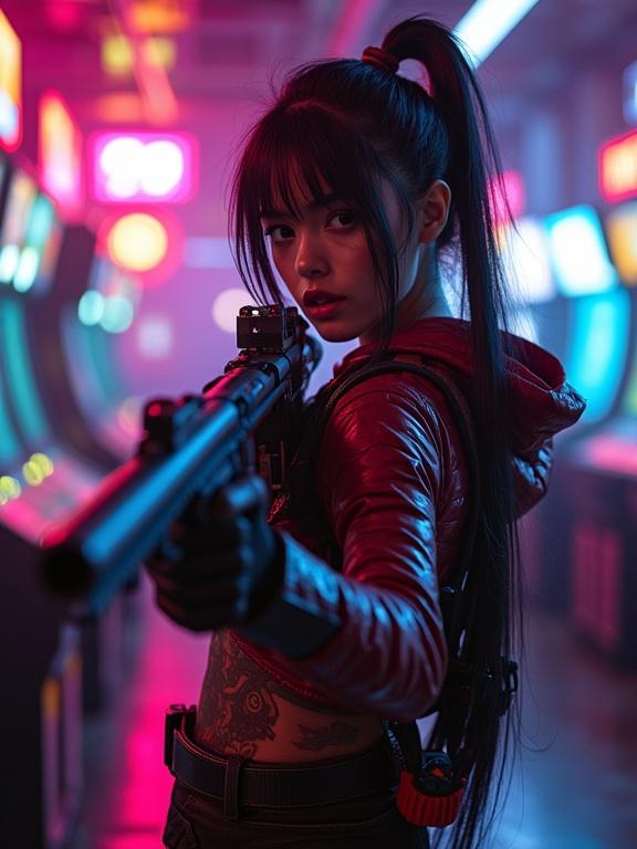 Pretty cyberpunk girl confidently poses with a shotgun in a neon-lit arcade. The environment echoes 80s gaming culture with bright colors and chrome reflections. Surroundings depict a fusion of retro elements and futuristic design.