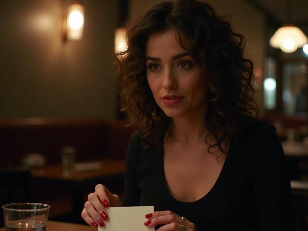 The image shows a woman sitting in a dimly lit restaurant. She is wearing a black top and has curly hair. There is a strong focus on her manicured red nails. Instead of a drink, she is holding a plain white piece of paper in her hand. The background features a glimpse of the restaurant ambience, adding to the cozy atmosphere.