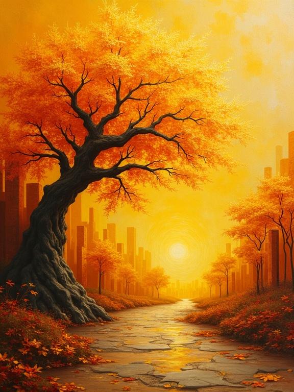 Neo-impressionism expressionist art depicting a warm autumn landscape with a central twisted tree and buildings in the distance. The scene is filled with yellow hues and vibrant orange colors. The pathway leads towards a glowing sunset with volumetric lighting effects.