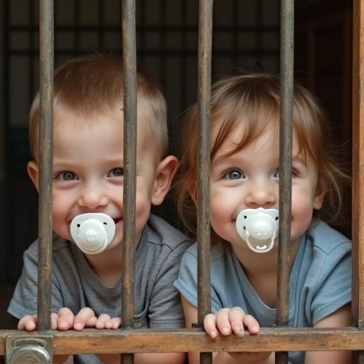 Two children play in a pretend cage. They smile with large pacifiers. A mother humorously locks the cage and pretends to swallow the key.