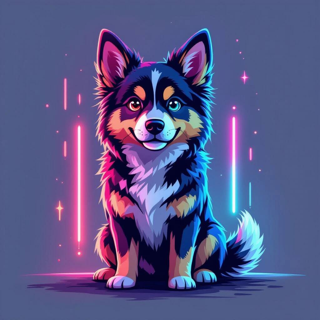 Stylized dog design features vibrant colors and a friendly smile. Neon lighting effect creates a striking contrast against a dark background. Ideal for t-shirt graphics.