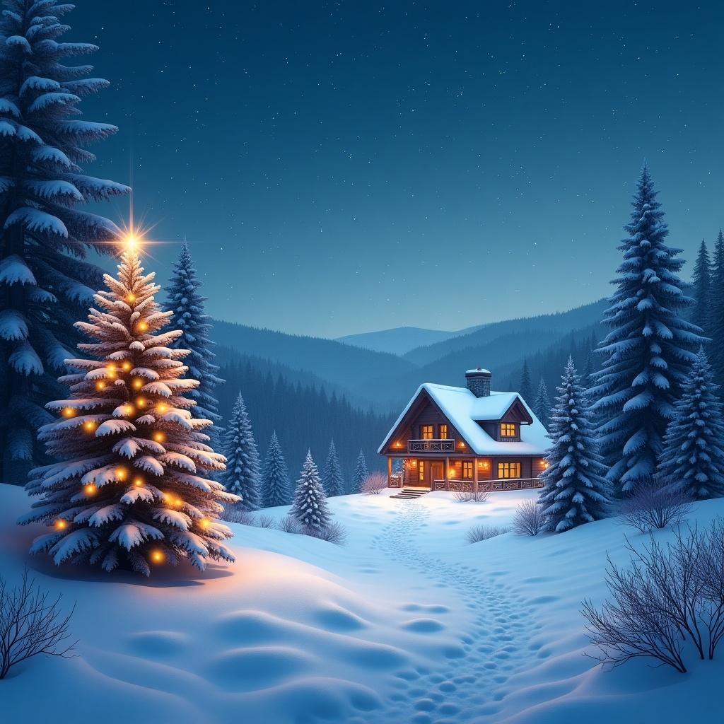 A serene Christmas scene featuring a cozy cabin surrounded by snow-covered pine trees and a decorated Christmas tree.