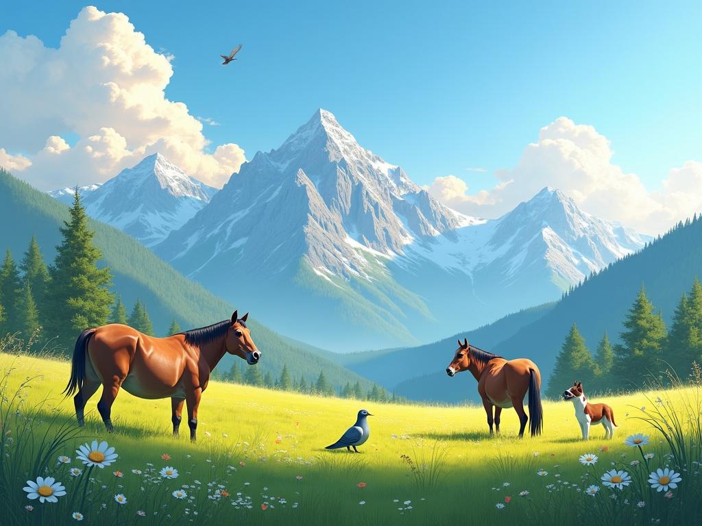 Scenic landscape featuring horses in a grassy meadow. A dove and a dog accompany them in a beautiful natural setting. Majestic mountains rise in the background under a bright blue sky with fluffy clouds.