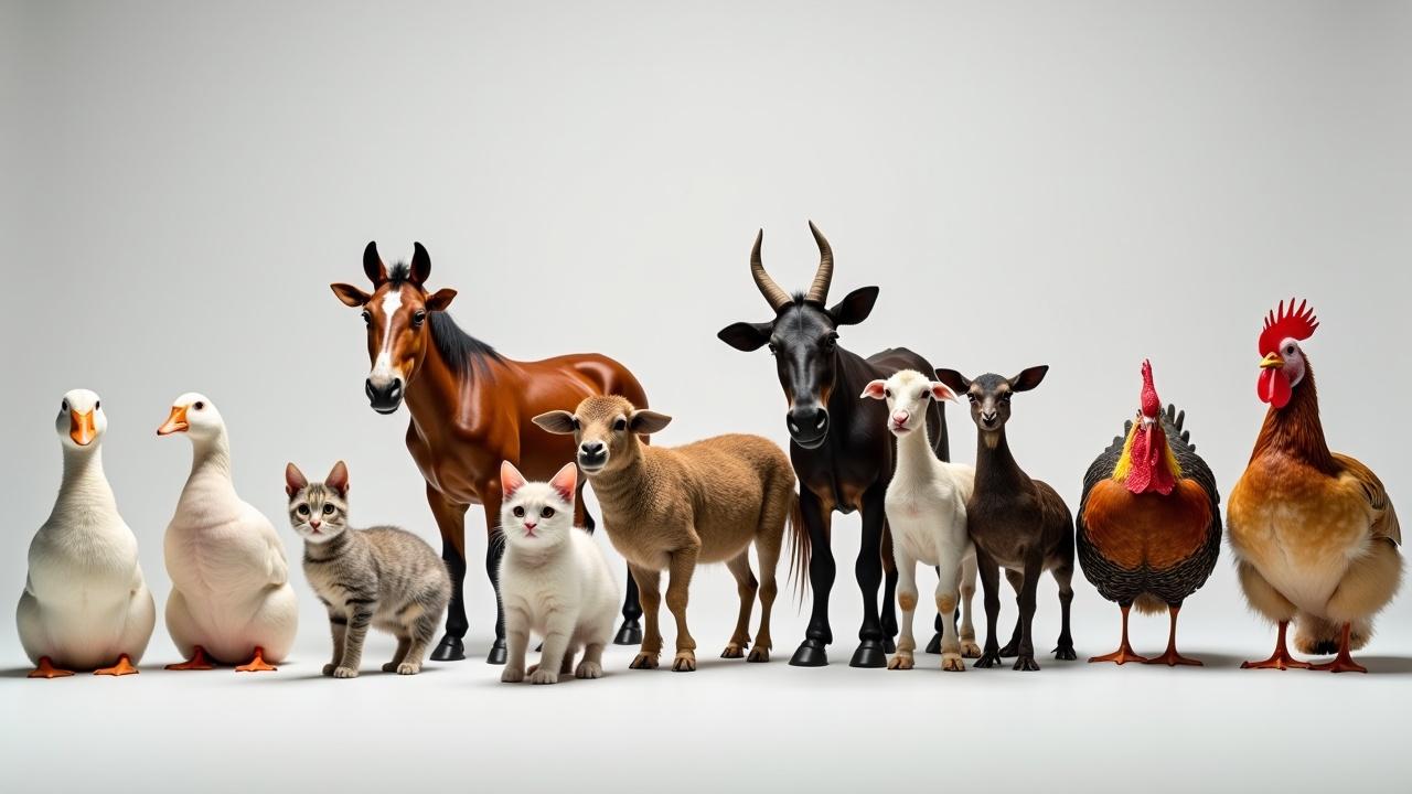 Professional photo showcases lineup of diverse farm animals. Animals include rabbit duck goose cat cow piglet horse donkey sheep goat turkey chicken rooster. Image highlights diversity of species in agricultural life.