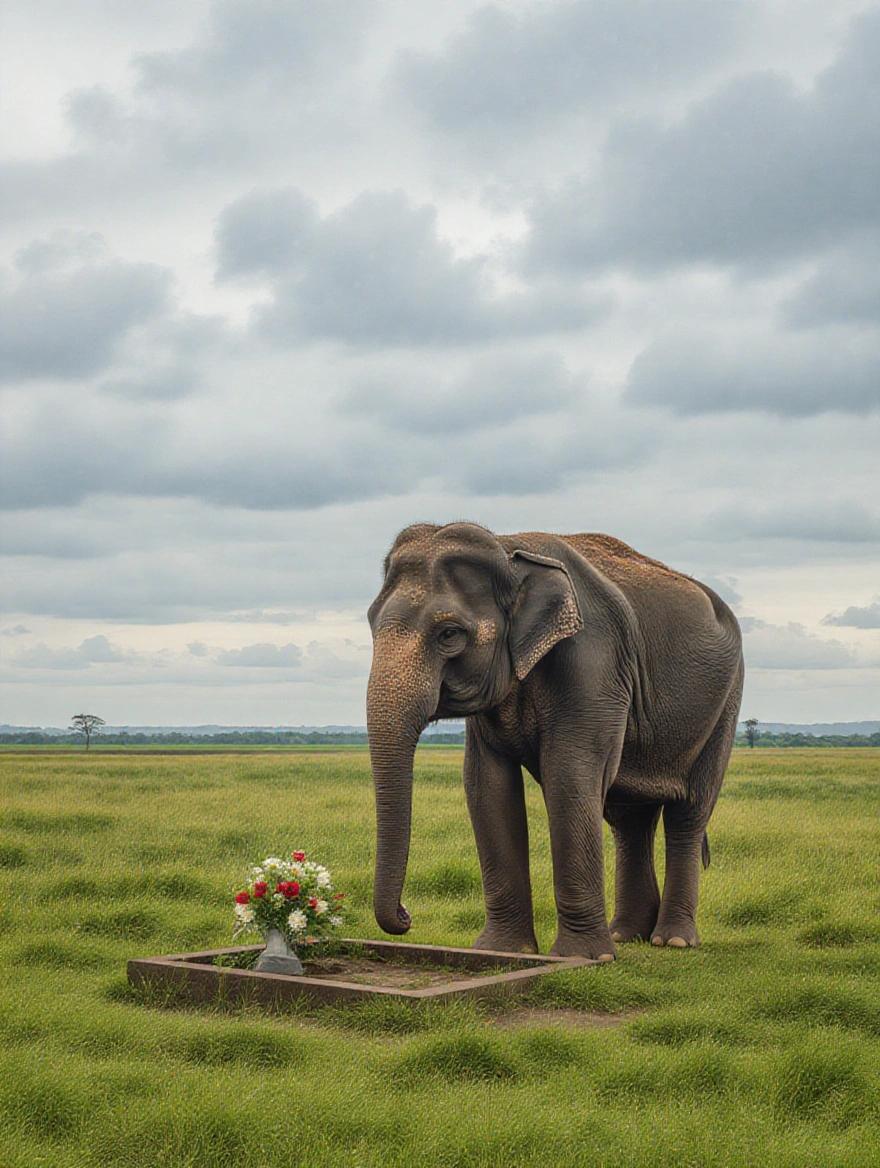 Elephant stands solemnly near small grave with flowers in a green field. Cloudy sky creates a mournful atmosphere. Quiet background enhances emotional depth.