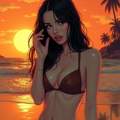 A tall woman has long black hair. She has white skin and big breasts. She wears a tiny brown leather high cut bikini. She speaks on a cellphone. The beach setting features a hot and humid atmosphere. The sun sets on the horizon. There are dramatic lighting and heavy shadows in a comic noir style.