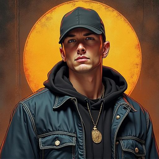 Depict a young male figure dressed in urban fashion with a stylish jacket and gold necklace. Position the figure against a large glowing sun. Use vibrant colors to create a dramatic effect. Focus on the stylish attire and confident pose.