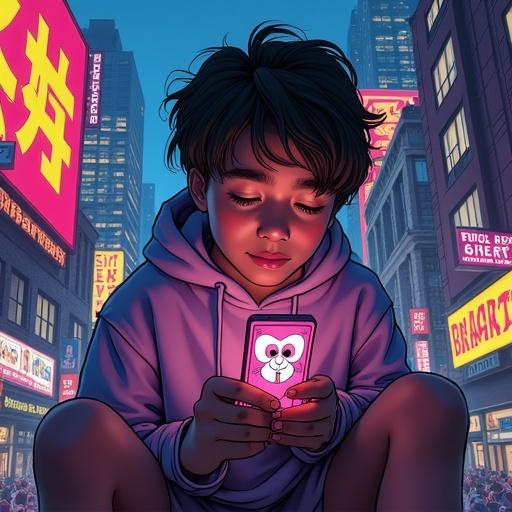 A Gen Z individual holds a smartphone in a bustling urban setting. Their phone displays bizarre memes. Background is vivid with neon lights. A subtle smirk is visible. Represents digital detachment and coping.
