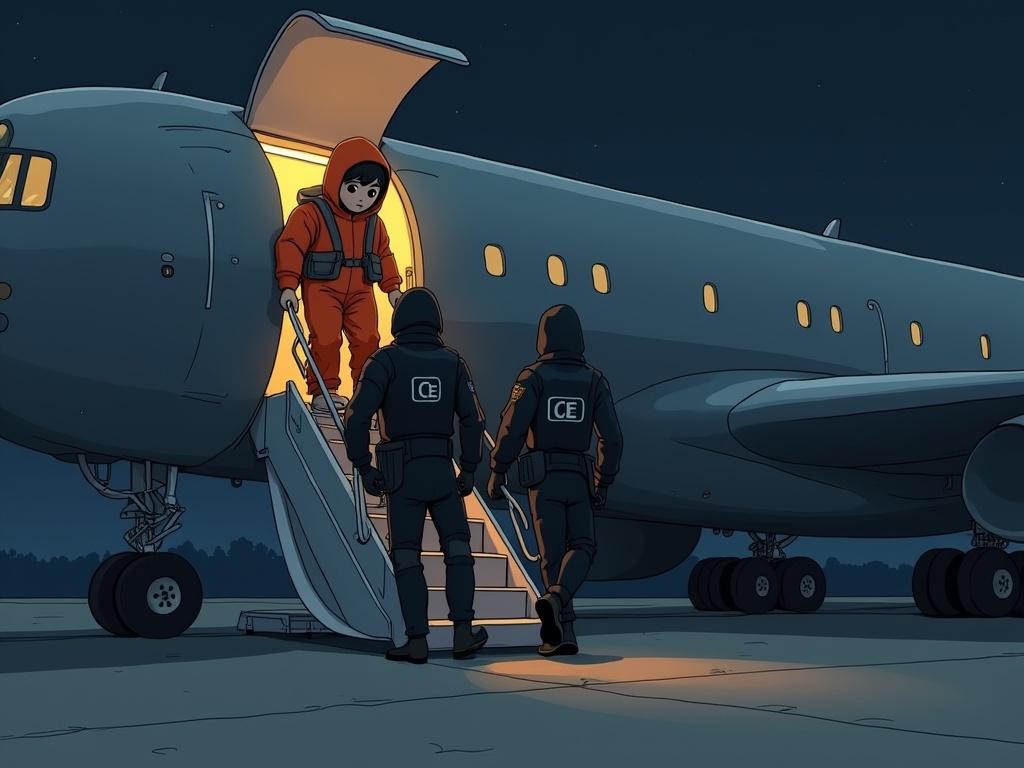Dramatic cartoon of two hooded agents in tactical gear. They carry a small sick baby dressed in orange. The baby is confused but unharmed. The setting is night near a large grey military-style airplane. The hatch is open, lit by harsh floodlights. The tarmac is wet from rain.
