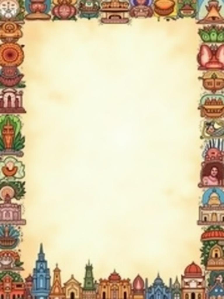 The image features a decorative border showcasing various architectural and cultural motifs, suggesting a rich cultural theme. The border is filled with colorful, stylized representations of buildings and objects, possibly from different cultures or regions. The center of the image is left blank, allowing for text or additional content to be added.