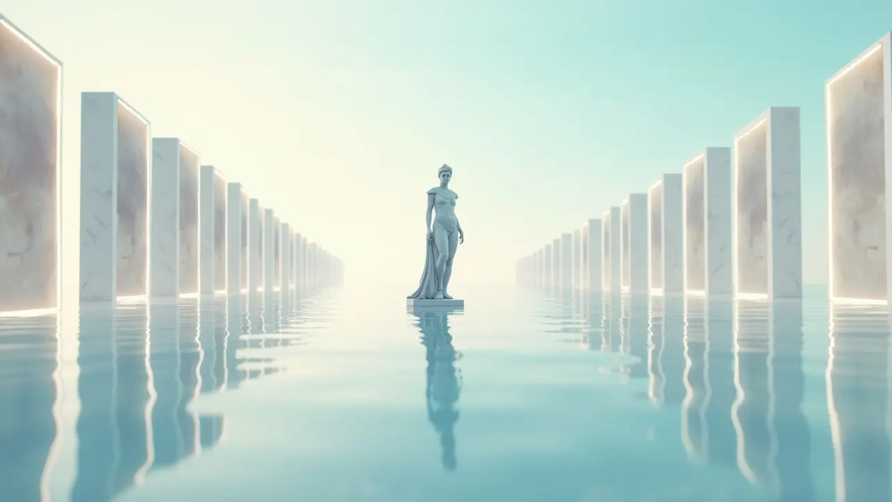 This image features a stunning marble statue set in a calm, reflective body of water. Flanking the statue are elegant columns that stretch into the distance, creating a sense of depth. The atmosphere is serene and almost ethereal, with soft ambient lighting that highlights the figure. The light blue sky merges with the water, enhancing the tranquil mood. This composition evokes feelings of beauty and reflection, inviting viewers to contemplate the scene.