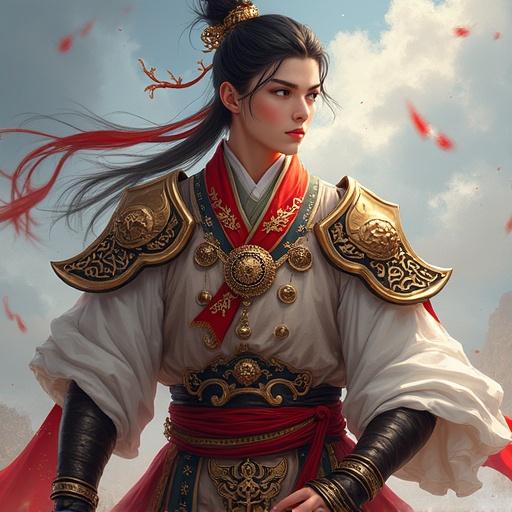 Character from Genshin Impact in elaborate outfit. Features traditional Asian clothing, ornate details, and dramatic hairstyle. Set against an ethereal background with soft lighting.