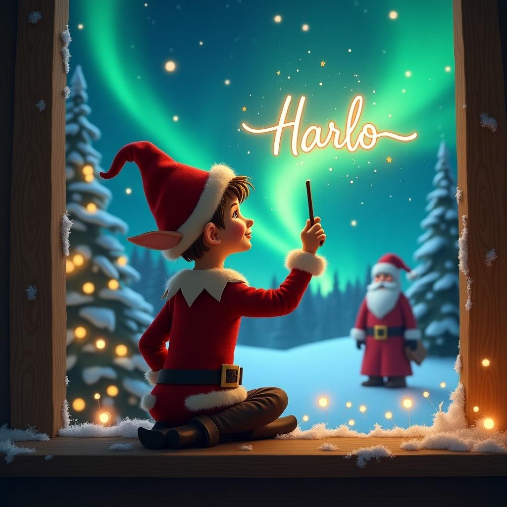 In a magical Christmas scene, a brown elf on the shelf sits with his back to the viewer, gazing toward the sky. He uses a wand to write 'Harlo' in sparkling letters above. The backdrop features stunning northern lights illuminating a snowy landscape. In the distance, Santa Claus stands, adding to the holiday charm. This enchanting image encapsulates the spirit of Christmas through vibrant colors and whimsical elements.