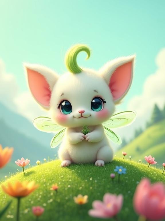 The image shows a cute animated creature with fairy-like features on a grassy hill. The creature has a round white face and large blue eyes. Its ears are pointed with pink and white. A tuft of green hair is on top of its head. The body is fluffy white with delicate light green wings. The creature holds a blade of grass in its tiny arms. The hill is covered in vibrant flowers. The background depicts a soft sky and distant mountains.
