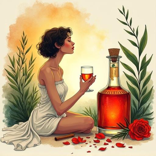 A vibrant illustration showing a woman in a short sun-dress enjoying a meditation session with herbal liqueur. She offers a drink to her partner in a speakeasy setting with jazz musicians nearby. Lush greenery and rose petals surround them, with a decorative spirit bottle in front. Earthy colors dominate the scene with a whimsical, dreamy style.