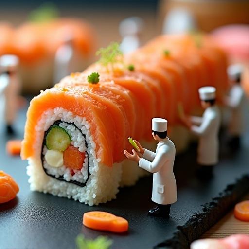 Large elaborate sushi roll as the central focus. Roll constructed of rice, salmon, vegetables. Miniature chefs in white uniforms surround the sushi. Chefs actively assemble components. Sushi on dark slate surface. Close-up perspective shows intricate details. Bright lighting illuminates food and figures. Whimsical and artistic style showcases culinary artistry.