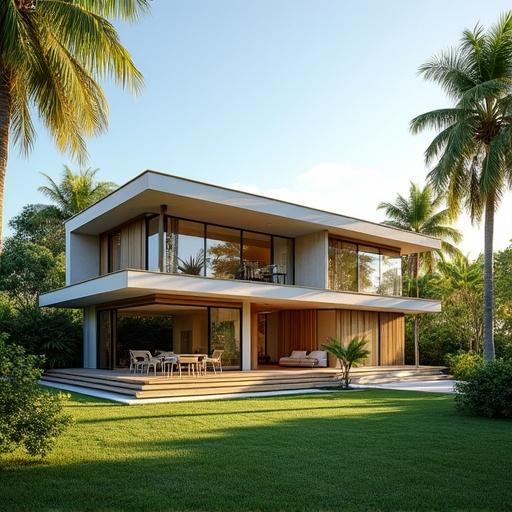 Hyper-realistic external view of modern small studio house in tropical setting. Lush greenery and palm trees surround property. House has sleek contemporary design with large glass windows and spacious open-plan layout. Minimalist aesthetic with flat roof and eco-friendly features. Scene captures warm sunlight and serene tropical atmosphere.