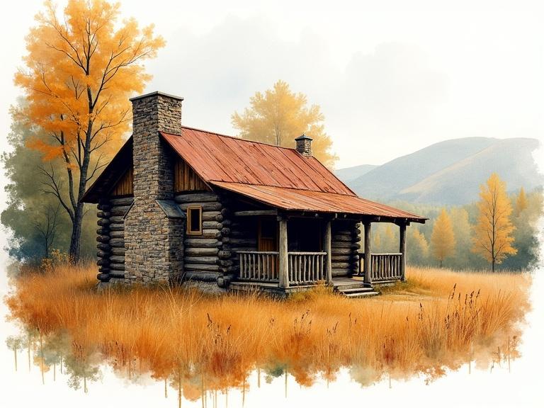 Watercolor painting of rustic log cabin in autumnal forest setting. Cabin has weathered wood and rusty metal roof. Small porch with wooden support beams. Surrounded by tall grasses and trees with autumn foliage. Scenic hills in background. Beautiful warm autumn colors. Aged character of the cabin emphasized.