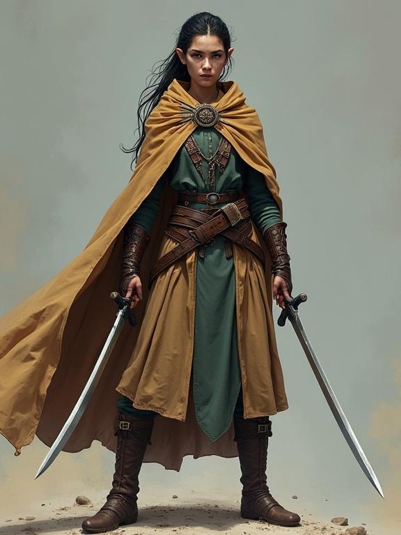Semi-elf character dressed in a comfort cloak. Wields two short swords. Styled in a 2.5D comic book art style.
