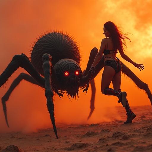 A battle scene set in a fiery desert featuring a gigantic spider-like monster with glowing red eyes and a black-armored warrior. The composition captures a sense of motion and action with high contrast and vivid colors. The background is filled with fiery hues.