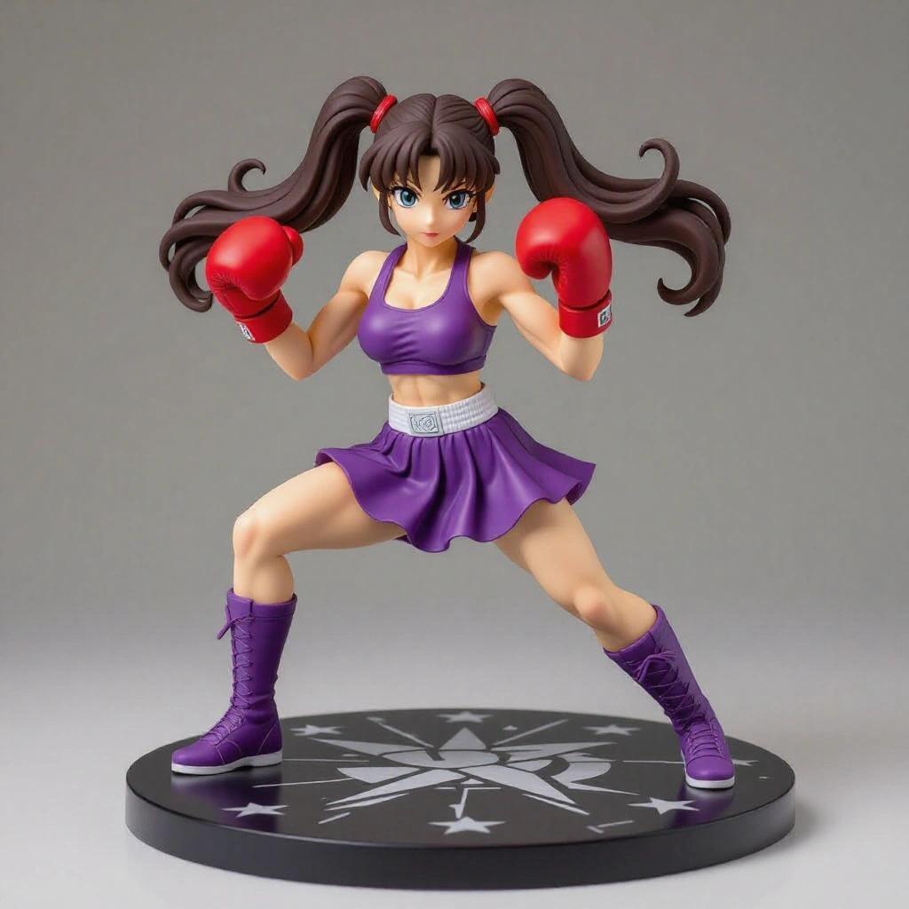 Female resin figure inspired by Hitmonchan. Sensual young woman with stylized super muscular body. Confident expression with normal-sized eyes and delicate features. Wears red boxing gloves and purple outfit. In combat pose with forward leg and extended arm, one arm in guard. Long hair in ponytails simulating Hitmonchan. Base designed like a ring floor. Not aggressive, stylized universe.