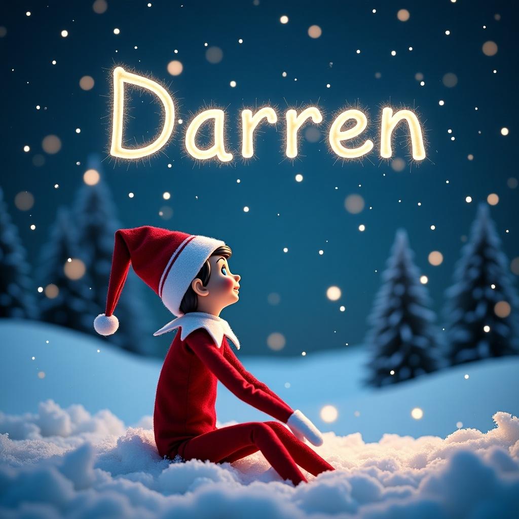 Elf character sitting in snow gazing at stars with winter background and name Darren illuminated in stars.